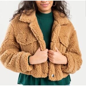Anna Cai Sherpa Brown Cropped Teddy Bear Jacket Size Medium NWT